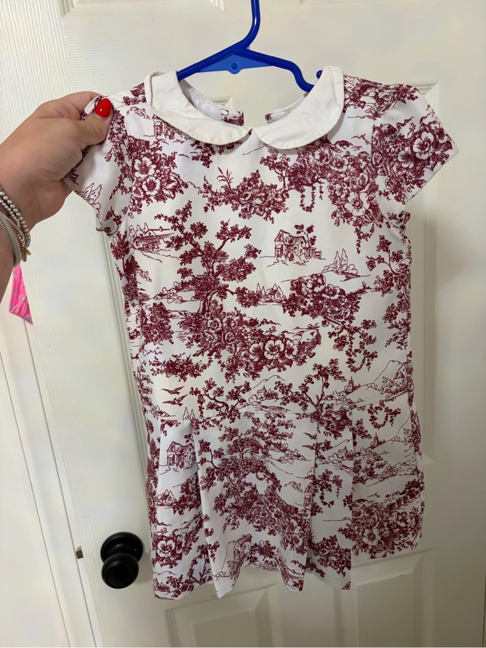 Janie and Jack White Dress with Burgundy Toile Print and Peter Pan Collar